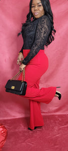 Red High Waisted Flare Legged Pants with Front Buckle.