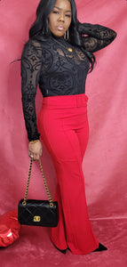 Red High Waisted Flare Legged Pants with Front Buckle.