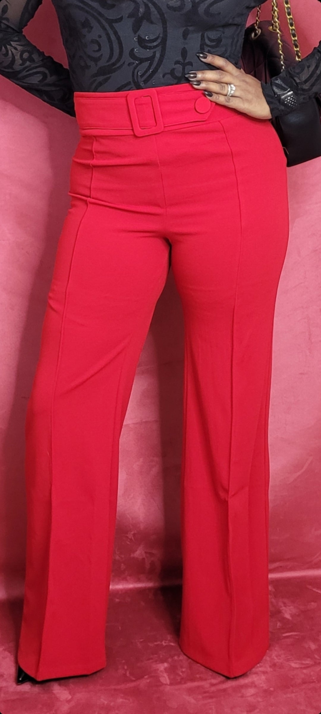 Red High Waisted Flare Legged Pants with Front Buckle.